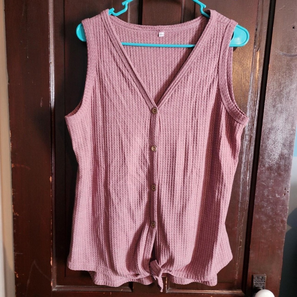 Mauve Waffle Knit Button Front Tie Hem Tank Top Sleeveless V-Neck XL